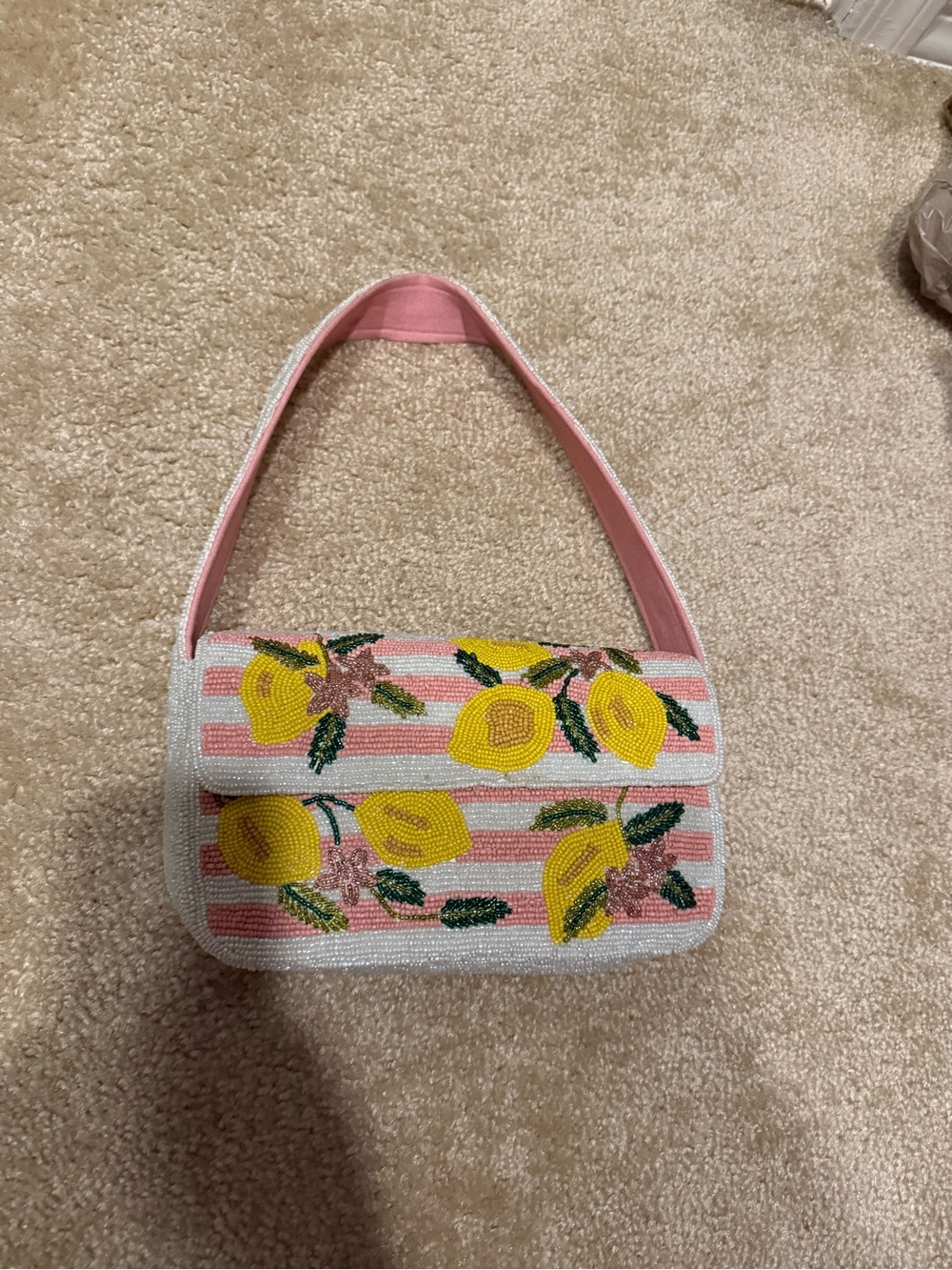 Pink Beaded Lemon Stripe Shoulder Bag